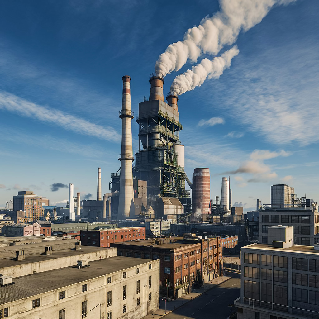 Large factory with smoke coming out it
